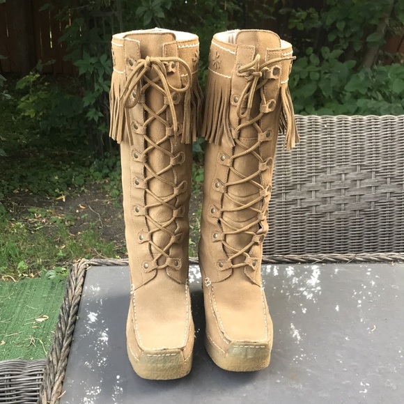 Candie’s Vintage Sz 7.5 Moccasin Wedge Fringe Suede Tall Western Cowboy Boots - Picture 5 of 15